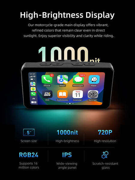 AIO-5 Lite Motorcycle Carplay Android Auto GPS Navigation System, BSD, STARVIS HDR 5" LCD, 60FPS,5G Wi-Fi BT, IP67 Waterproof, Support Siri Google Assistant, 24H Parking Mode, Dedicated App