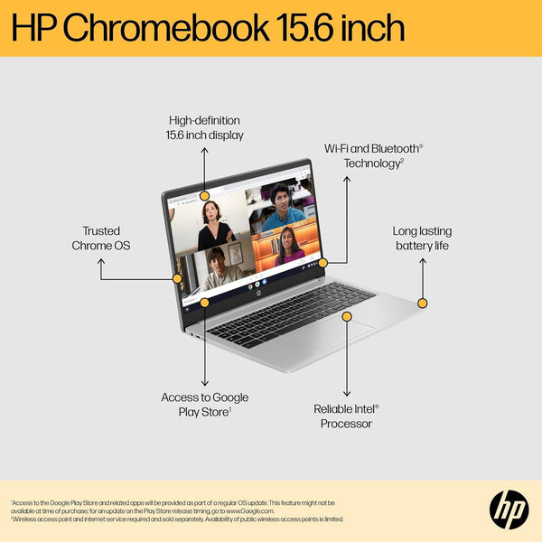 HP Chromebook 14" | Intel Processor N100 Processor| 4 GB RAM | 128 GB Flash Storage | Intel UHD Graphics | HD Display | Up to 12hrs battery | Chrome OS | Dual Speakers | Glacier Silver | 14a-nf0002sa