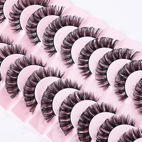 False Eyelashes Russian Strip Lashes Natural Fluffy Wispy D Curly 10 Pairs Reusable Fake Eyelashes Faux Mink Lashes Thick Short Soft Eyes Lash