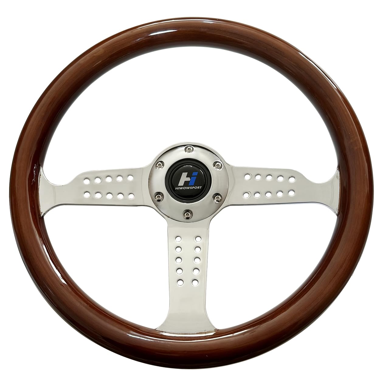 Hiracing 14" Universal Classic Wood Grain Steering Wheel Brushed 3 Spoke 1.5 Depth Steering Wheel with Horn Button 6 bolts (010)