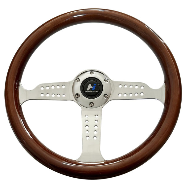 Hiracing 14" Universal Classic Wood Grain Steering Wheel Brushed 3 Spoke 1.5 Depth Steering Wheel with Horn Button 6 bolts (010)
