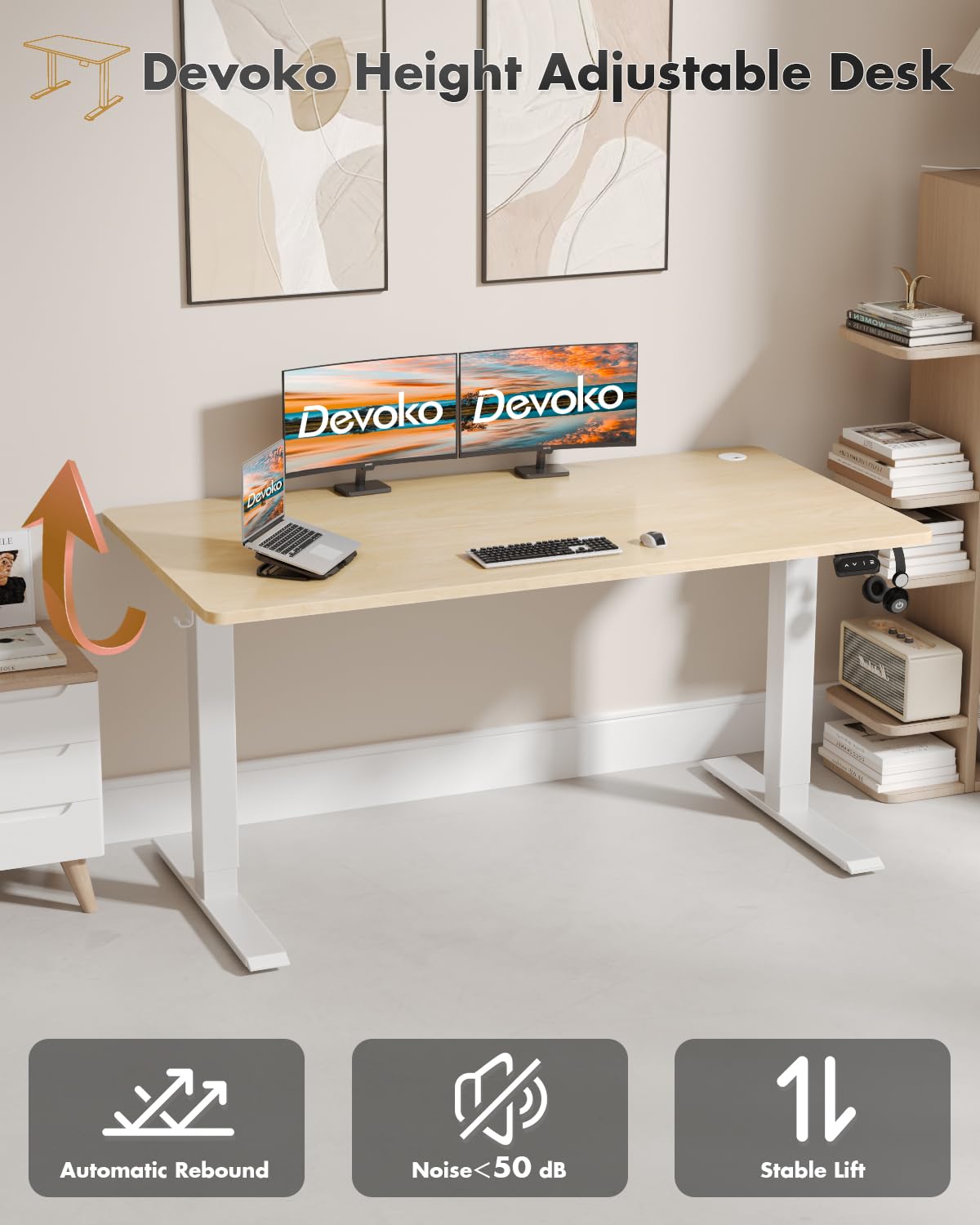 Devoko Electric Standing Desk 120x60cm Sit Stand Table Height Adjustable with Backpack Hook and Memory Smart Pannel, Home Office, White