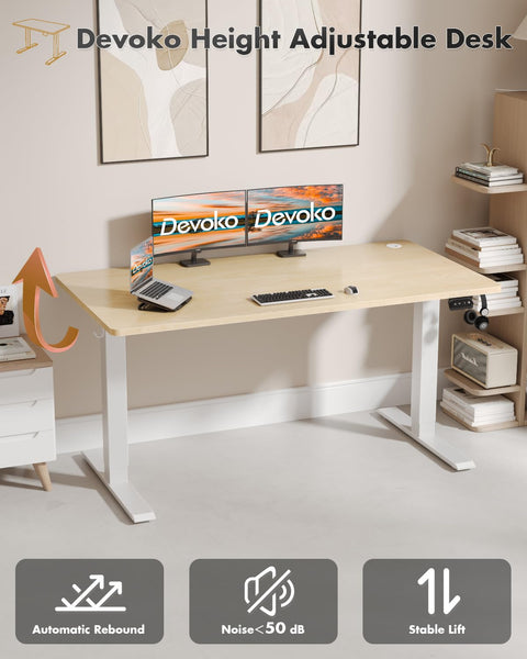 Devoko Electric Standing Desk 120x60cm Sit Stand Table Height Adjustable with Backpack Hook and Memory Smart Pannel, Home Office, White