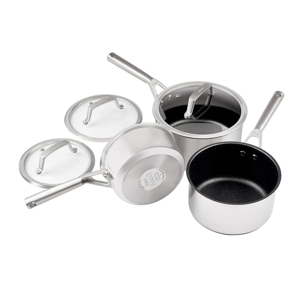 Ninja ZEROSTICK 5-Piece Pan Set, Long Lasting Non Stick,16cm, 18cm & 20cm Saucepans with oven-safe glass lids, 16cm Milk Pan, 24cm Frying Pan, Stainless Steel Cookware C6500UK