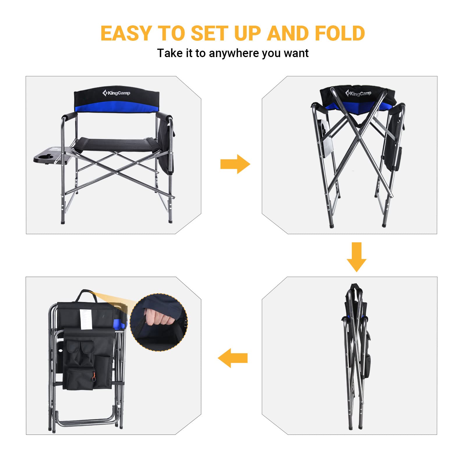 KingCamp Folding Camping Chairs for Adluts Heavy Duty Directors Chair with Cooler Bag and Side Table Support up to 150KG