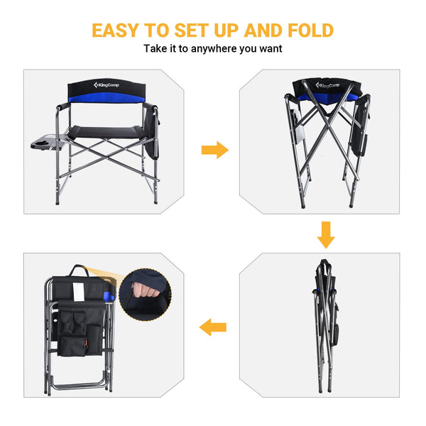 KingCamp Folding Camping Chairs for Adluts Heavy Duty Directors Chair with Cooler Bag and Side Table Support up to 150KG