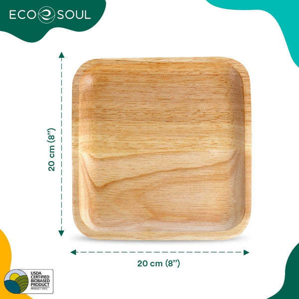 ECO SOUL 100 Disposable Palm Leaf Plates 8(20cm) Square Bamboo Plate I Eco Friendly, Biodegradable, Compostable Heavy-Duty Plate, Wooden Plates for