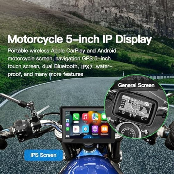 CARabc 5" IPS Touch Screen Portable Apple Carplay Screen for Motorcycle Wireless Apple CarPlay & Android Auto GPS Navigation IPX7 Waterproof Support Siri/Google Assistant (Normal)