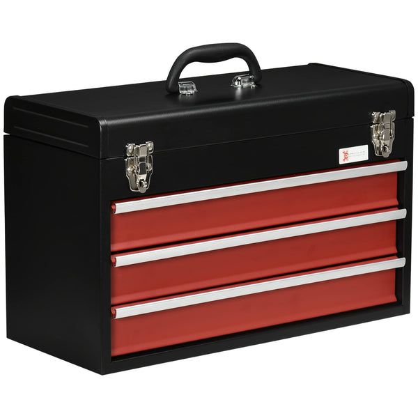 DURHAND 3 Drawer Tool Chest, Lockable Metal Tool Box with Ball Bearing Runners, Portable Toolbox, 510mm x 220mm x 320mm, Red