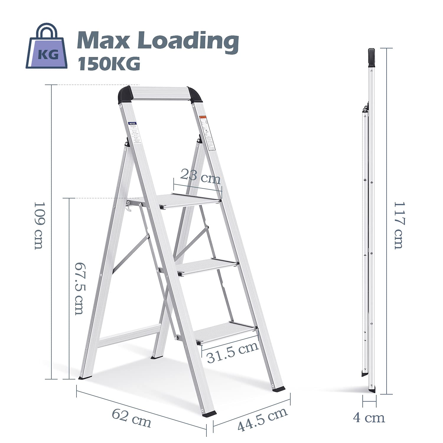 KINGRACK 2 Step Ladder with Handrail, Non-Slip Household Ladder with Folding Safety, Aluminium Folding Step Stool, Maximum Load 150 kg, Black