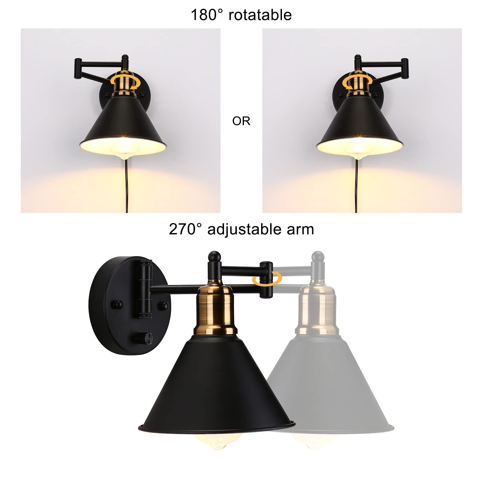 Lightess Black Plug Wall Light Industrial Swing Arm Wall Lights with Switch, Dimmable Wall Lamp E27 Retro Wall Sconce for Bedroom, Living Room, Set of