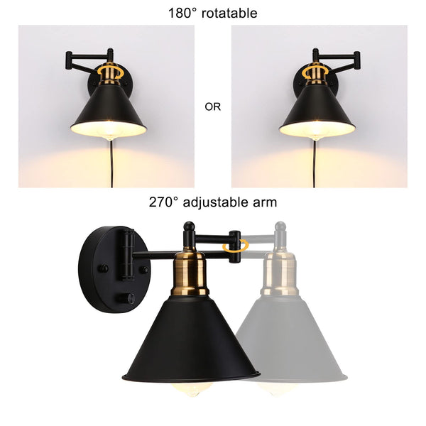 Lightess Black Plug Wall Light Industrial Swing Arm Wall Lights with Switch, Dimmable Wall Lamp E27 Retro Wall Sconce for Bedroom, Living Room, Set of