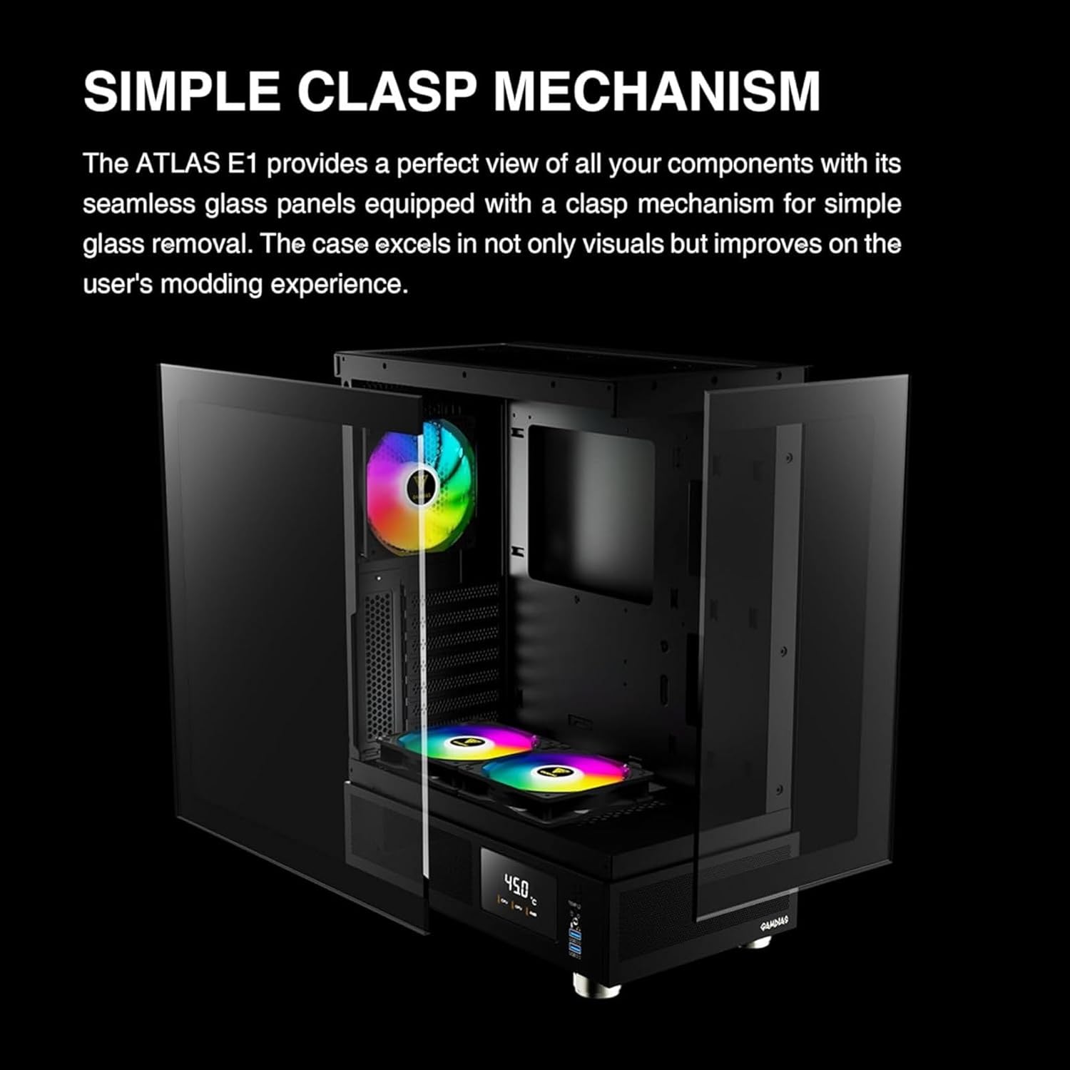 GAMDIAS ATLAS E1 Gaming ATX Mid Tower Computer PC Case, Customizable Digital Monitor w/ Software, 3 x 120mm ARGB Fans, Panoramic Tempered Glass Display, Perforated Airflow Vent PSU Chamber, Black