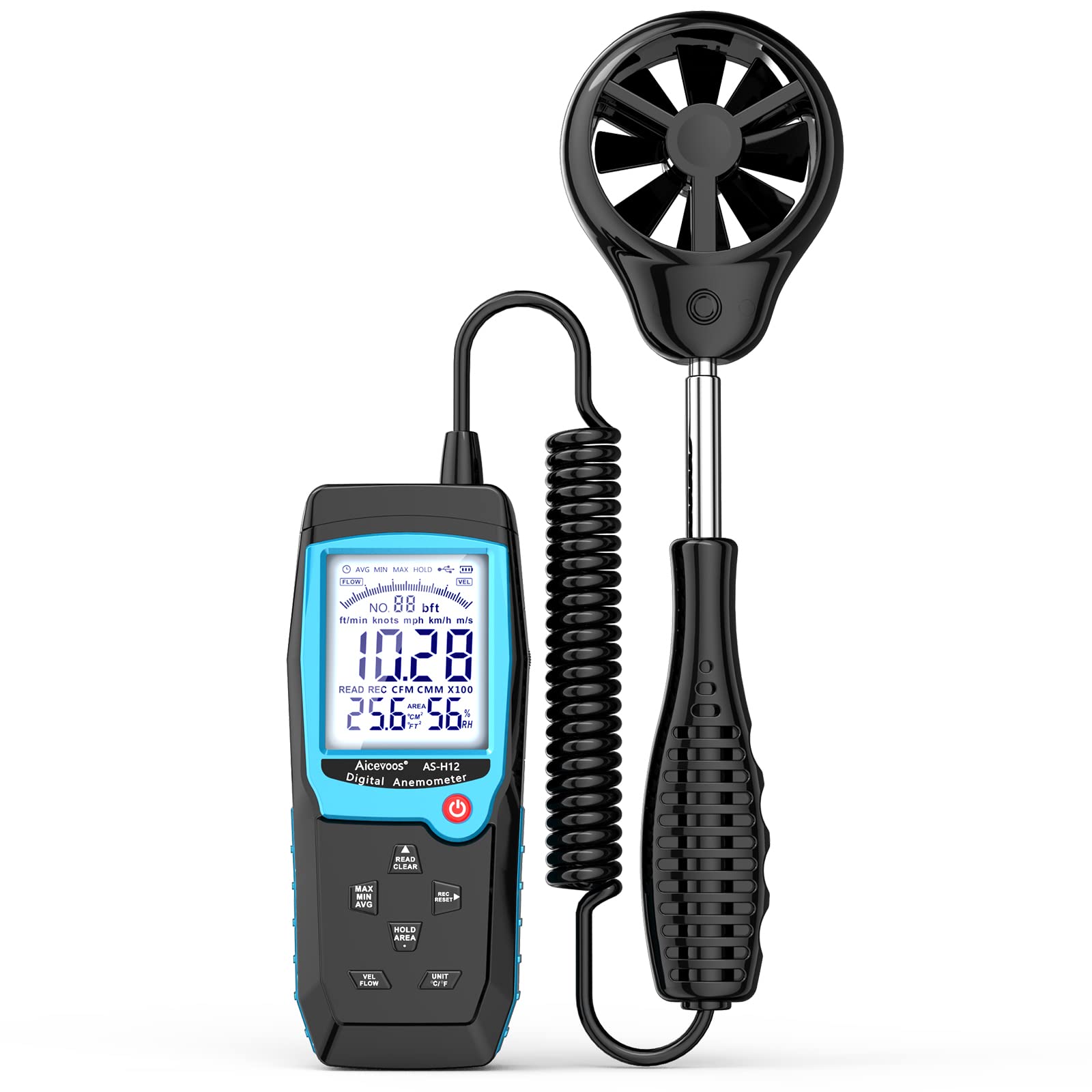 Aicevoos H12 Digital Anemometer Handheld Wind Speed Meter with Extended Wind Sensor, Measures Wind Speed Wind Flow Temperature and Humidity CFM Air