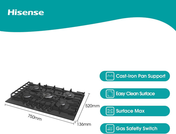 Hisense GM773XF 75cm 5 Burners Built-in Gas Hob with Easy Clean Surface, Wok Burner - Stainless steel