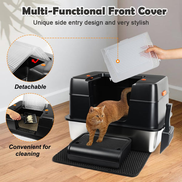Vivifying Enclosed Stainless Steel Cat Litter Box with Lid, High-Sided, Removable and Metal Leak-Proof Stainless Steel Cat Litter Tray with Scoop, Steps and Mat (Black)