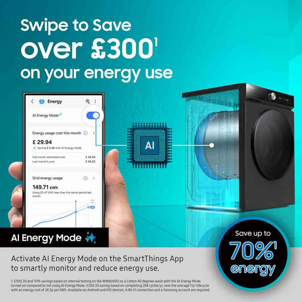 Samsung Series 6 AI Energy Washing Machine, 9kg, 1400rpm, White, WW90DG6U25LEU1