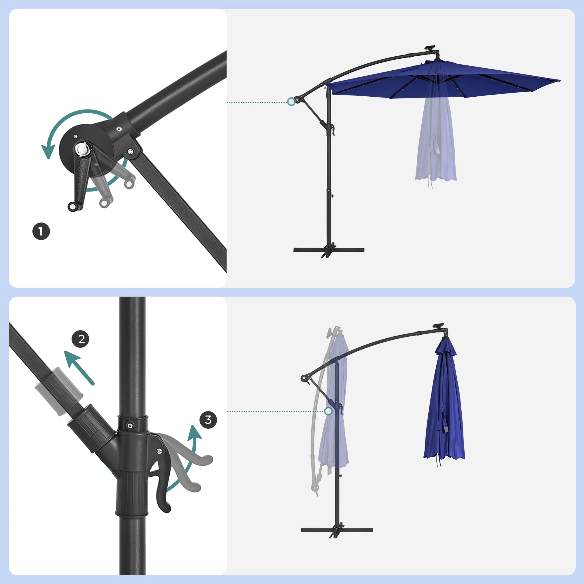 SONGMICS Cantilever Garden Parasol with Solar-Powered LED Lights, 3 m Banana Patio Umbrella with Base, Crank for Opening Closing, Sunshade with Protection UPF 50+, Beige GPU118M01