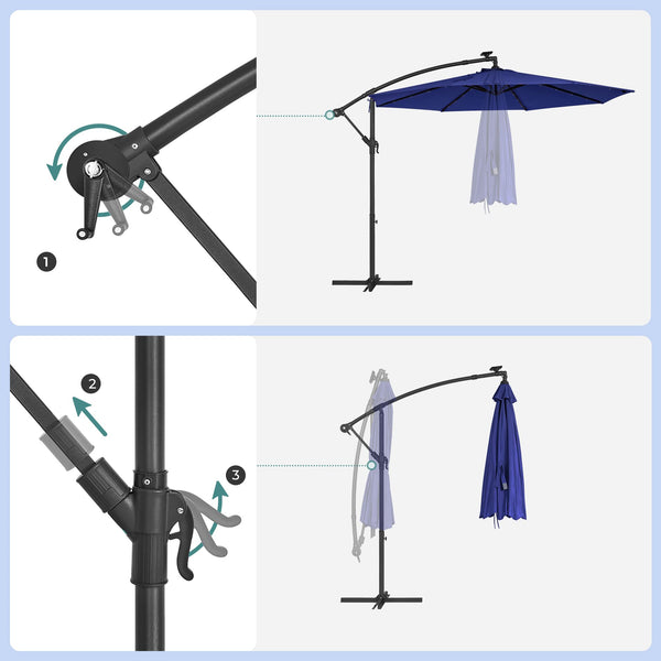 SONGMICS Cantilever Garden Parasol with Solar-Powered LED Lights, 3 m Banana Patio Umbrella with Base, Crank for Opening Closing, Sunshade with Protection UPF 50+, Beige GPU118M01