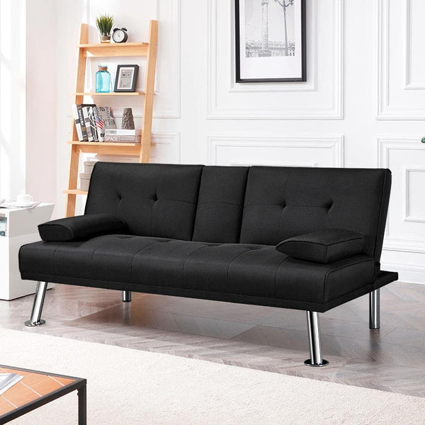 Yaheetech Sofa Bed Fabric Click Clack Sofa Bed with 2 Cup Holders, Convertible Futon Settee, Futon Recliner Lounge for Living Room, Spare Room, Bedroom, Black
