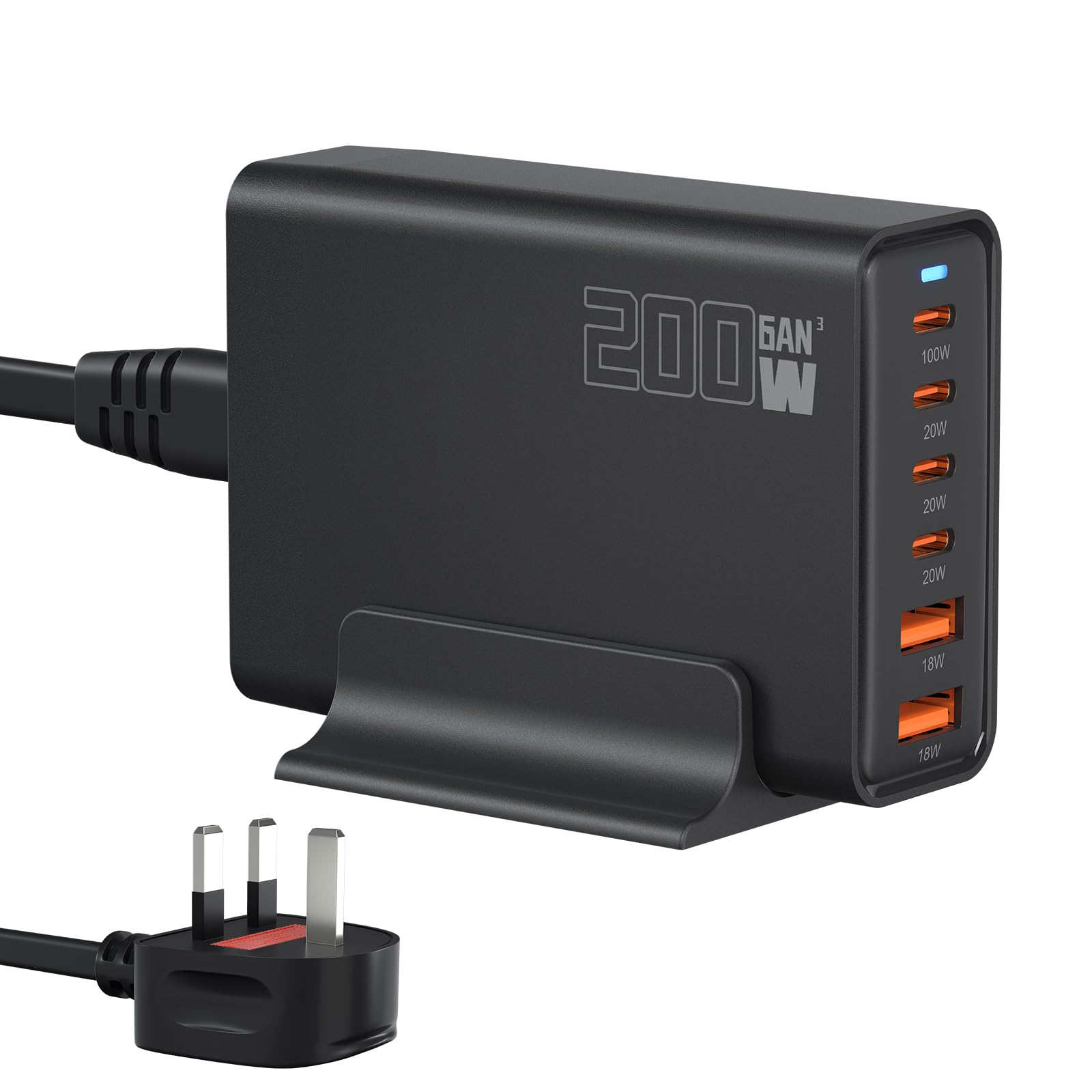 200W 6-Port USB Charging Station, PD 100W 65W 45W 20W 18W USB C GaN III Charger Laptop & Phone Fast Charger Plug, Compatible with MacBook Pro/Air,Dell XPS, iPhone 15/16/14/ Pro, iPads, Steam Deck