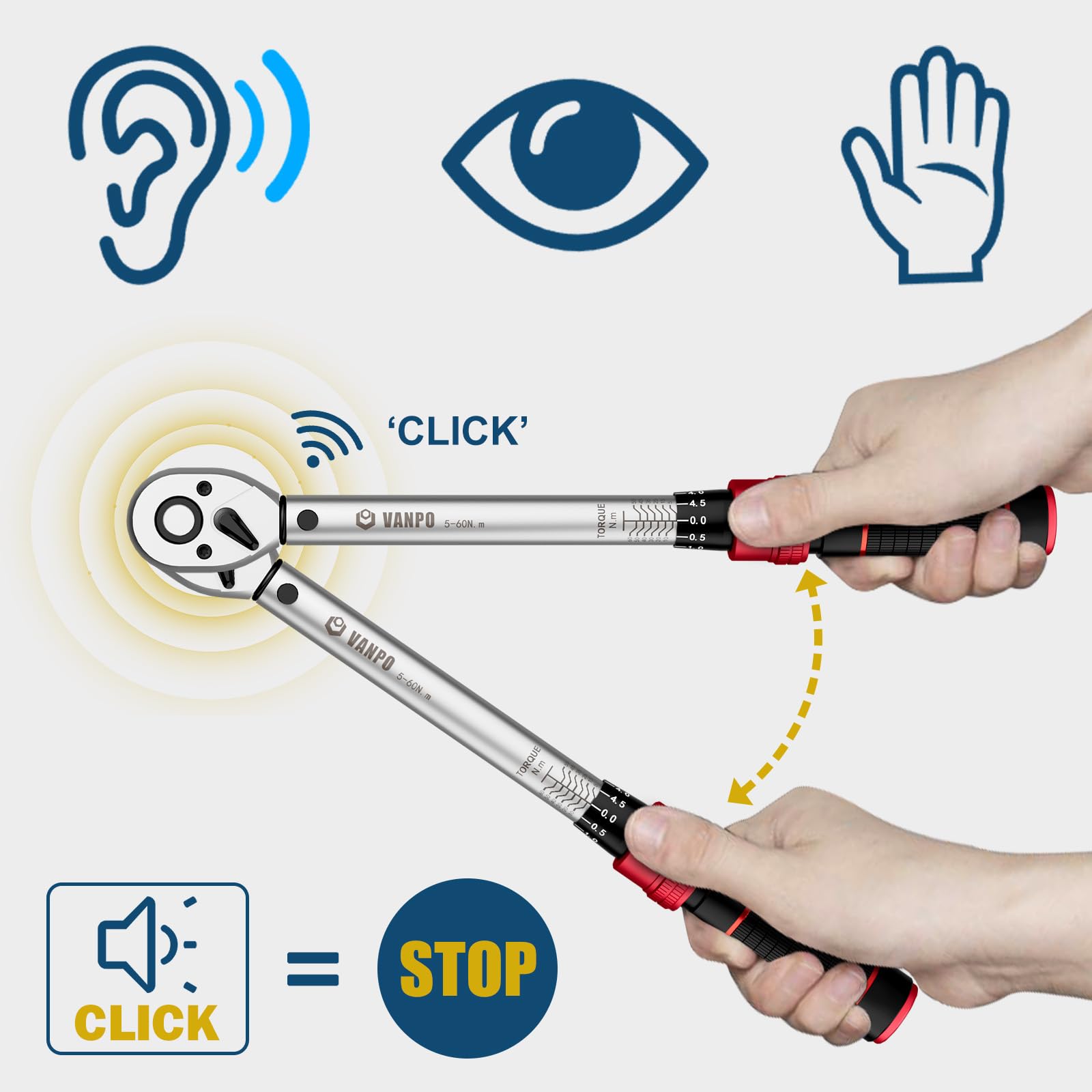 VANPO Torque Wrench 3/8” Drive, 5-60 NM, ±3% Accuracy, 72 Tooth Click Torque Wrench Set with 3/8 to 1/4 Adapter, 125 mm Extension Bar for Bike and Motorcycle, Car Spark