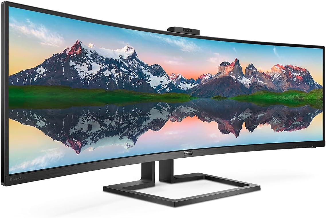Philips 499P9H- 49 Inch Curved Dual QHD Monitor, 70Hz, 5ms, VA, WebCam, Speakers, USB-C Dock, KVM, Height Adjust (5120 x 1440, 450 cd/m², HDMI/DP 1.4/USB 3.1 / USB-C)