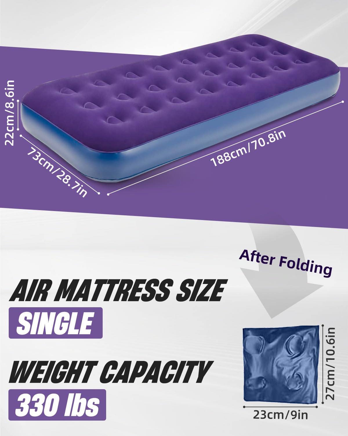 Victoper Inflatable Mattress, Quick Air Bed Blow Up Bed Single Camping Flocked Surface Coil Beam Construction Quick Inflation Air Mattress L188cm x W73cm x D22cm Max Weight 227kg