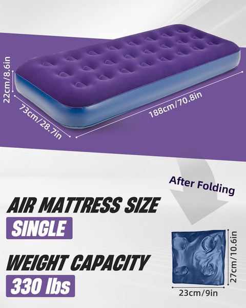 Victoper Inflatable Mattress, Quick Air Bed Blow Up Bed Single Camping Flocked Surface Coil Beam Construction Quick Inflation Air Mattress L188cm x W73cm x D22cm Max Weight 227kg