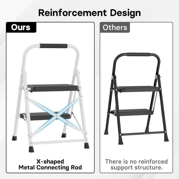 BONTEC 4 Step Ladder Folding, Heavy Duty Foldable Step Stool with Wide Anti-Slip Pedals, Sponge Handrail and Tool Tray, Portable Household Ladder 150kg Capacity, Compact Collapsible Indoor Ladder