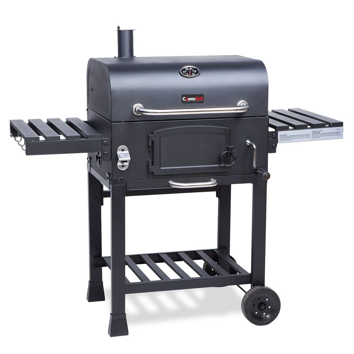 CosmoGrill Outdoor XL Smoker Barbecue Charcoal Portable BBQ Grill, 2 Folding Side Table, Built-in Thermometer, Adjustable Charcoal Pan & Chimney, Wheels, Large Coal BBQ Smoker for Home Garden Cooking