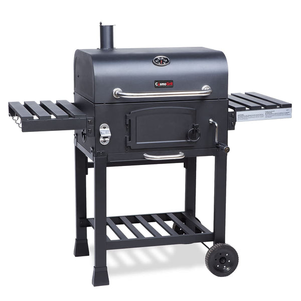 CosmoGrill Outdoor XL Smoker Barbecue Charcoal Portable BBQ Grill, 2 Folding Side Table, Built-in Thermometer, Adjustable Charcoal Pan & Chimney, Wheels, Large Coal BBQ Smoker for Home Garden Cooking