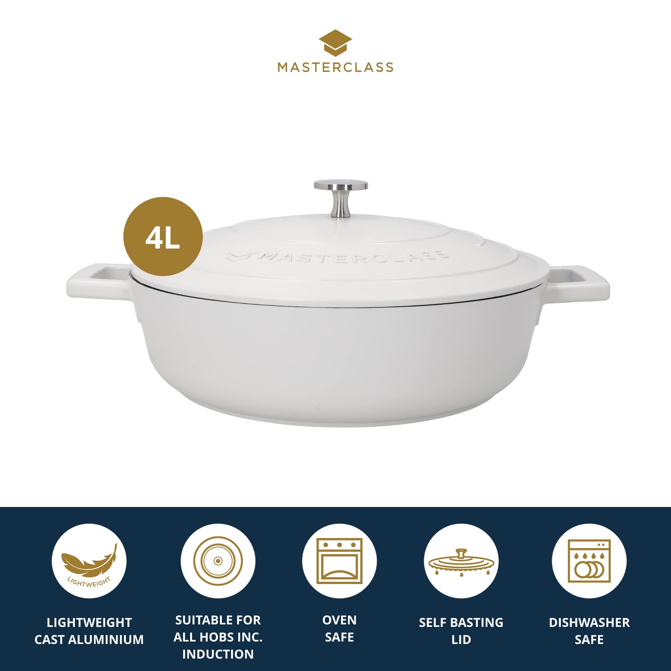 MasterClass Casserole Dish With Lid, Medium 4L/24 cm, Lightweight Cast Aluminium, Induction Hob And Oven Safe, Black