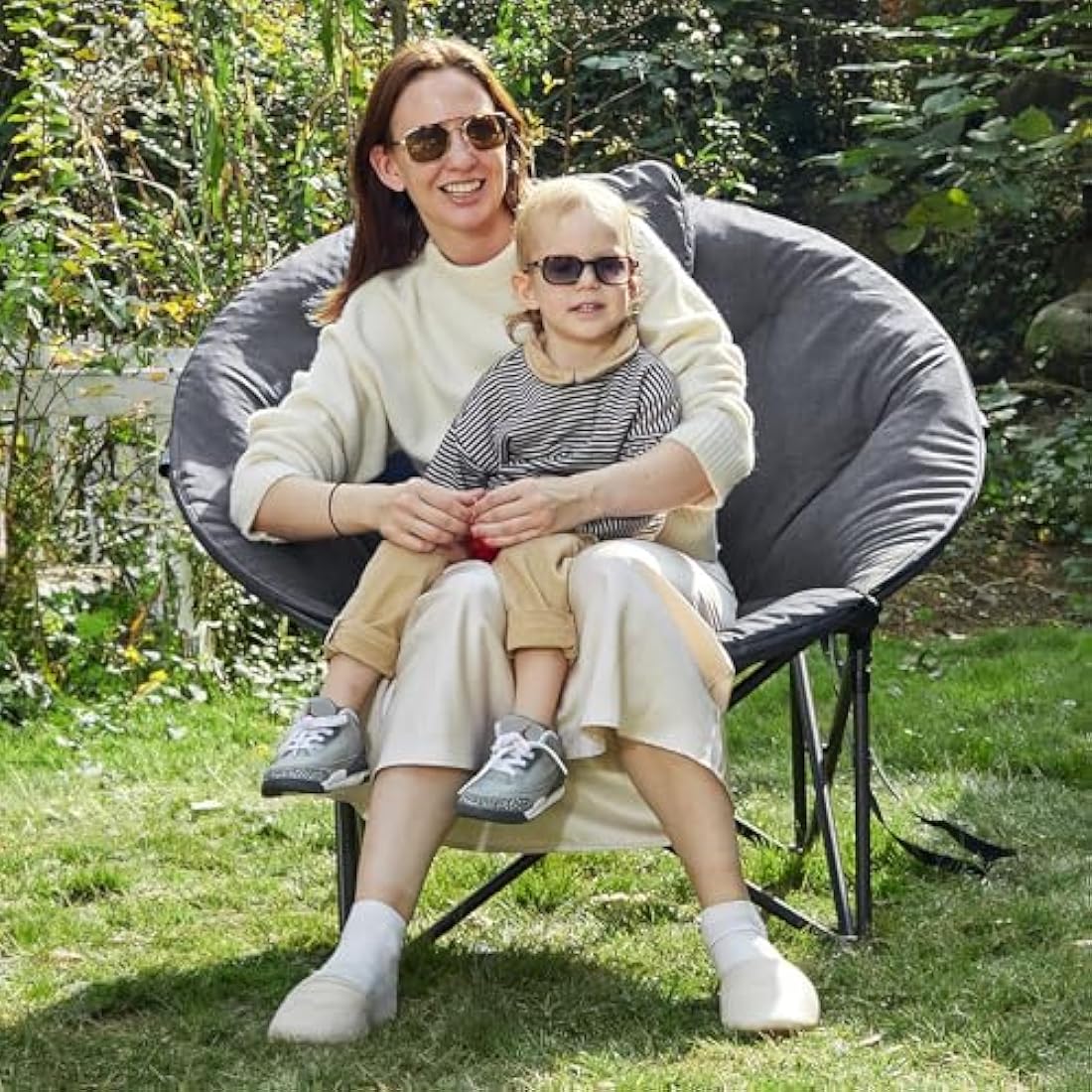 EVER ADVANCED XL Moon Chair for Adults 6cm Padded Garden Saucer Chair, Heavy Duty Camping Foldable Folding Camping with High Back, Super Wide Round Seats for heavy people, supports 150KG Light grey