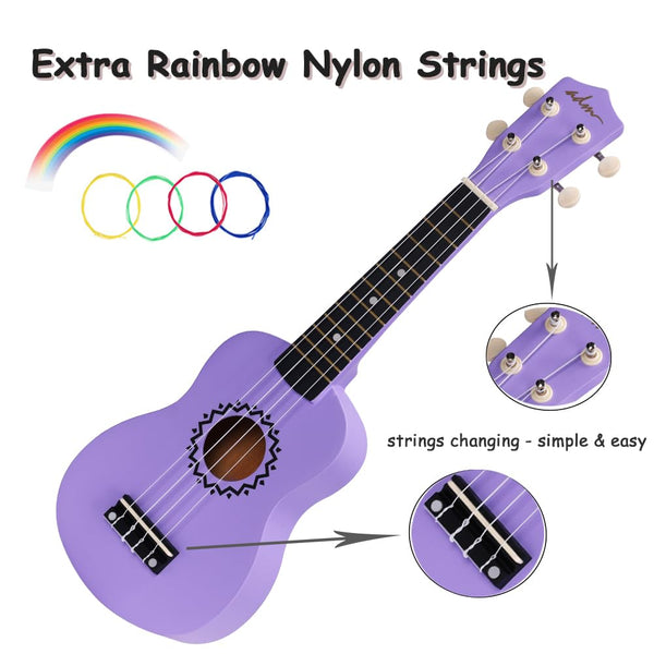 ADM Soprano Ukulele Set for Kids and Beginners, Ukulele Starter Kit with Bag, Clip-On Tuner, Rainbow Strings, Colourful Strap, Plectrum, Fingerboard Sticker, Chord Card (Dark Blue)