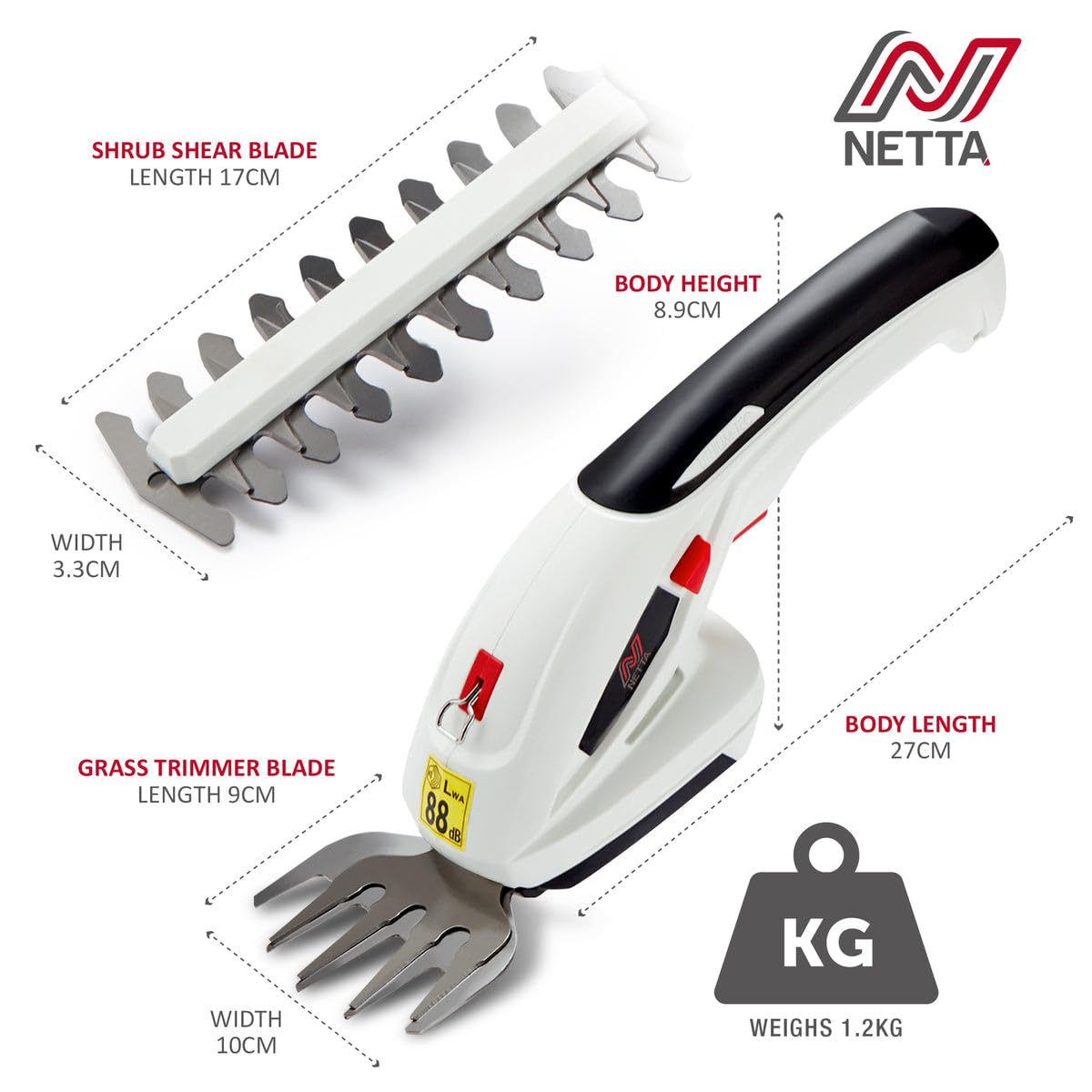 NETTA 2in1 Grass Shear & Hedge Trimmer with 7.2V Rechargeable 1500mAh Lithium-Ion Battery, Edging and Shrub Shear, 2 Interchangeable Blades, Lightweight, Garden Cutting Edge Trimmer, Pruner - Handheld
