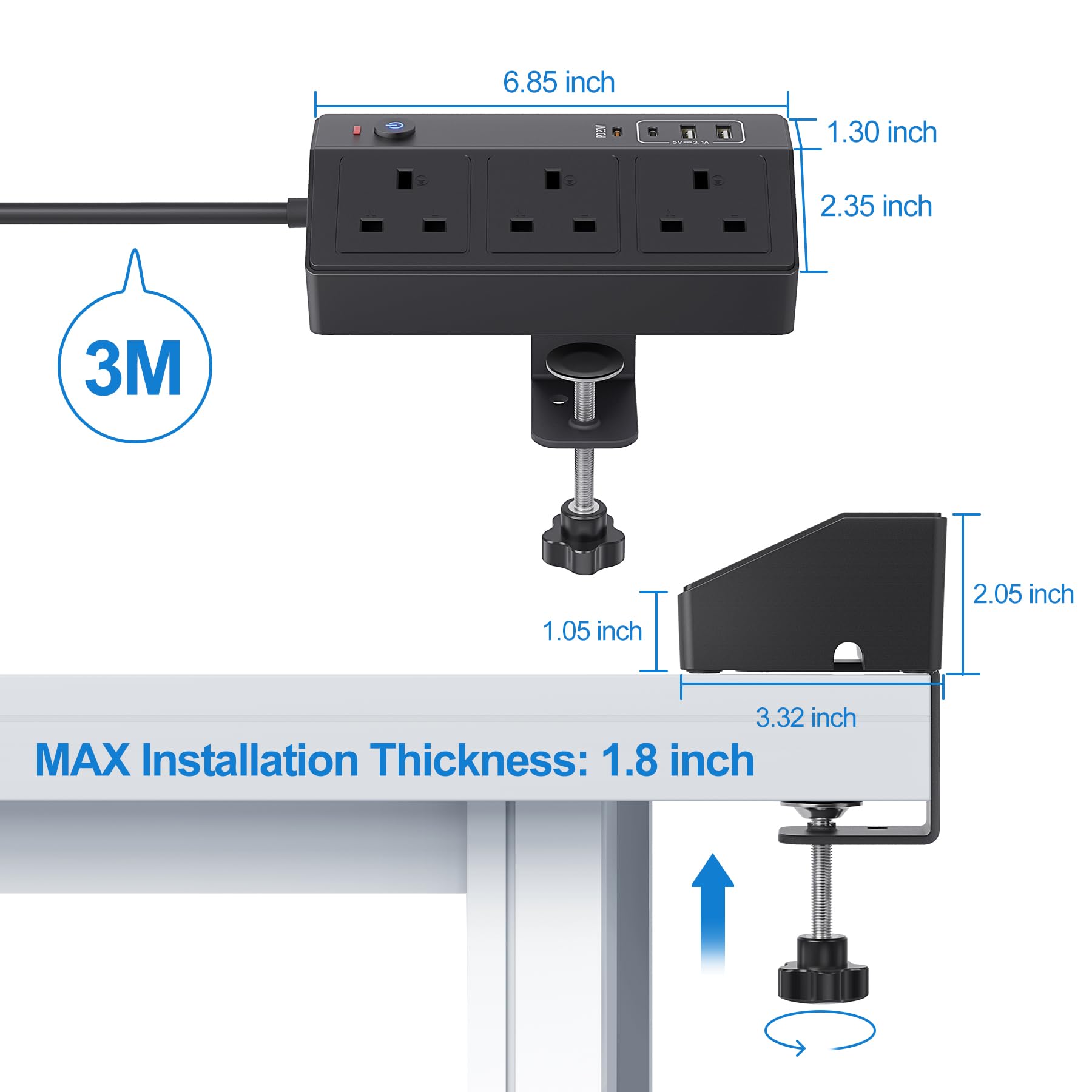 Desk Power Socket with USB C Slots, HAFINO PD 20W Fast Charging Power Station, 2M Extension Lead with USB Slots with Removable Clamp, Desktop Power Strip for Home Office
