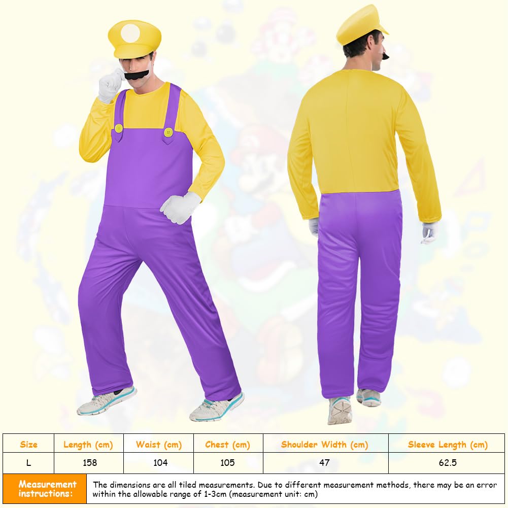 Aomig Mario Costumes, 4 Pack Mario Cosplay Costume Accessories Kits with Bodysuit, Luigi Hats Cap, Mustaches, White Gloves, Mario Luigi Bros Fancy Dress Outfit Costume for Women Men