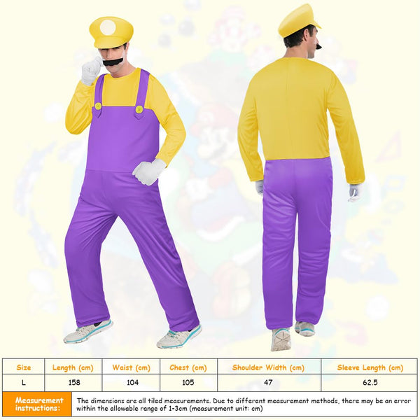 Aomig Mario Costumes, 4 Pack Mario Cosplay Costume Accessories Kits with Bodysuit, Luigi Hats Cap, Mustaches, White Gloves, Mario Luigi Bros Fancy Dress Outfit Costume for Women Men
