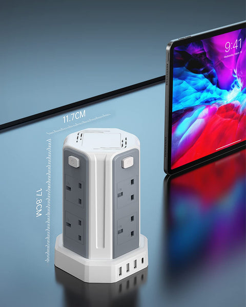 Tower Extension Lead, (3250W 13A) Extension Tower 8 AC Outlets & 4 USB Ports, Surge Protection Extension Lead with 4 Independent Switch, 17W USB C Ports Extension Cable 3M for Office, Home, Kitchen