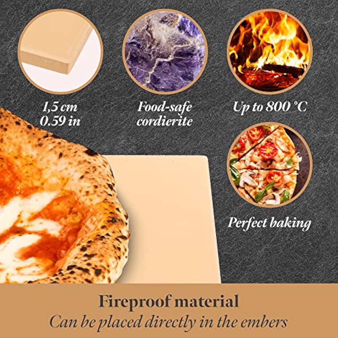 GOURMEO Pizza Stone Kit w/Bamboo Wood Paddle - 38x30cm - Cordierite Pizza Stones for Oven & BBQ - Even Heat Distribution