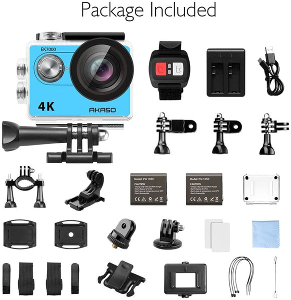 AKASO EK7000 Action Camera Floating Hand Grip Bundle - Includes 4K30FPS EK7000 Underwater Camera, Floating Hand Grip, 2 Batteries, Carrying Case, and Accessory Kits