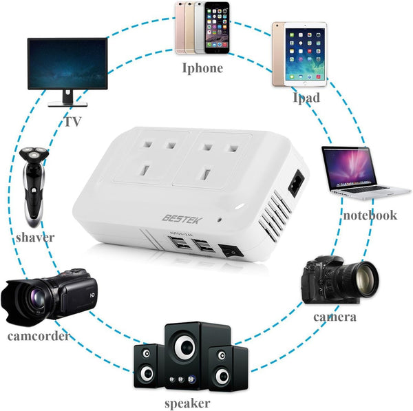 BESTEK 200W Power Inverter DC 12V to AC 230V 240V Dual Socket Car Voltage Converter Transformer with 4 USB Car Charger