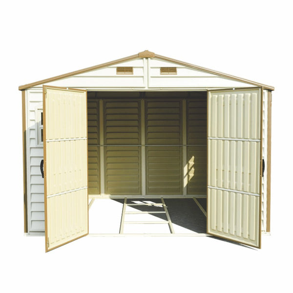 Duramax WoodSide 10 x 8 (8.02 m2) Plastic Garden Shed with 3 Fixed Windows & Metal Foundation Kit, Strong Metal Roof Structure Fire Retardant and Maintenance-Free Storage Shed - Ivory/Brown