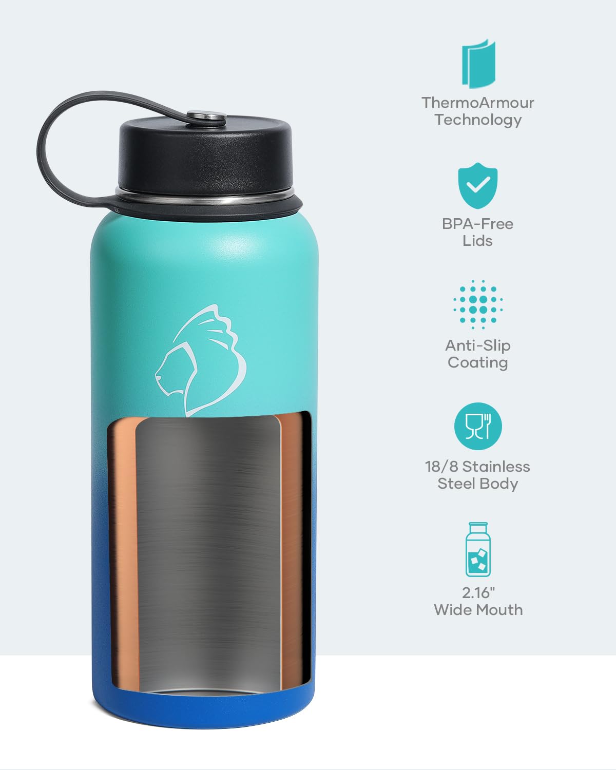 Stainless Steel Water Bottle 2L, BUZIO Vacuum Insulated Water Bottle with Straw Lid and Flex Cap Cold for 48 Hrs, Hot for 24 Hrs Double Wall Wide Mouth BPA Free Leak Proof, Black