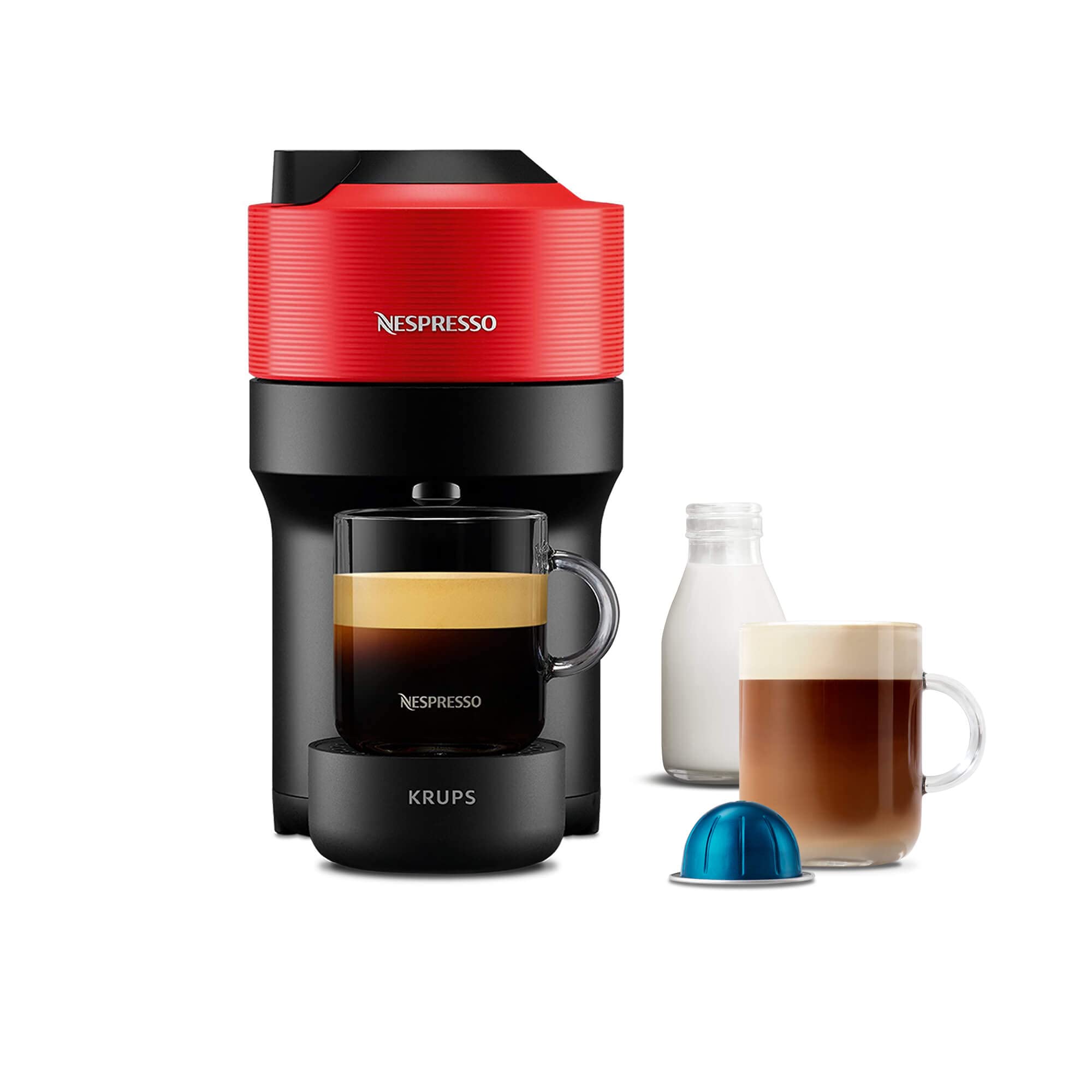 Nespresso Coffee Machine Barista Bundle includes Vertuo Pop White by Krups, Milk Frother, 2x Mugs, 2 x spoons, Melozio coffee pods & Chiaro coffee pods