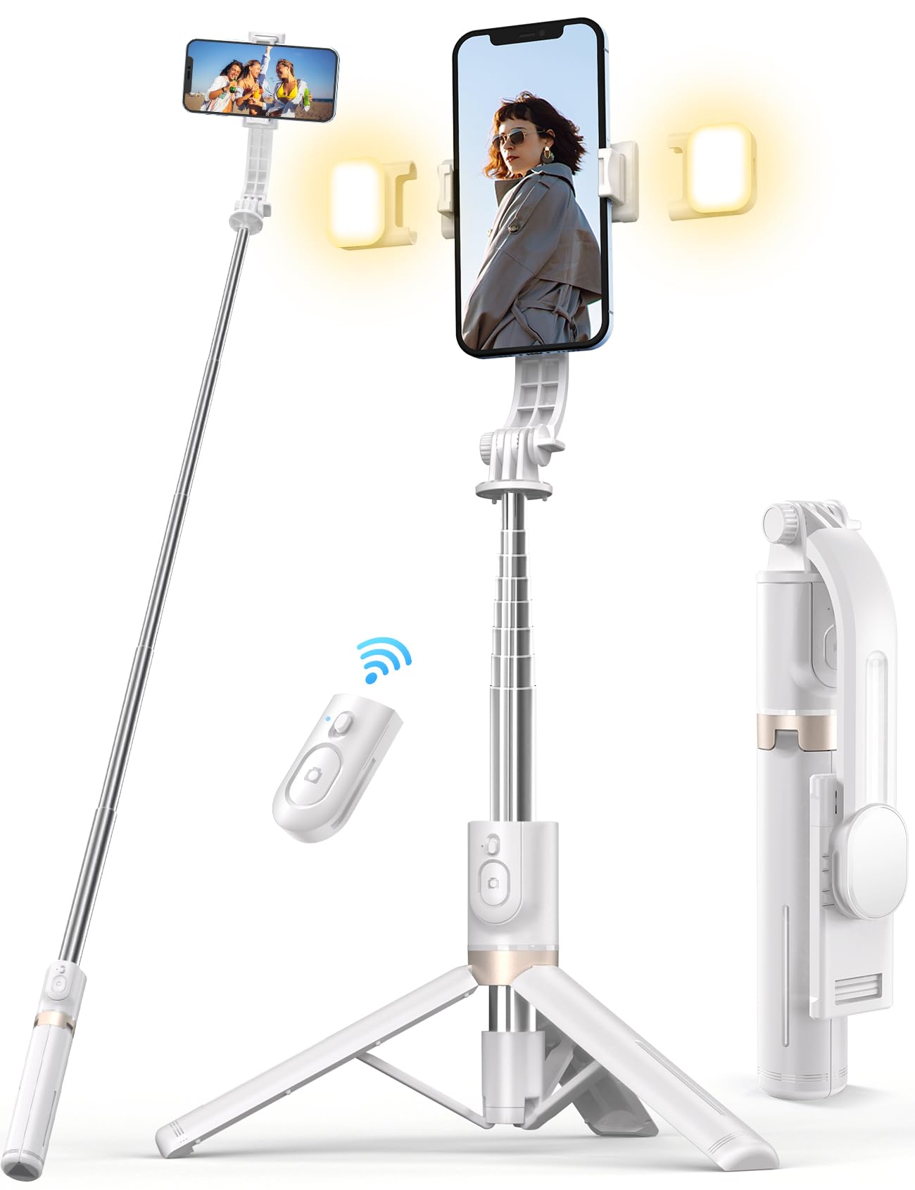 Selfie Stick Tripod with 2 Fill Lights, 45'' Extra Long Phone Tripod with Detachable Remote, Compatible with iPhone, Samsung, Smartphones