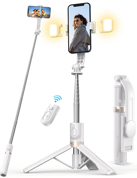 Selfie Stick Tripod with 2 Fill Lights, 45'' Extra Long Phone Tripod with Detachable Remote, Compatible with iPhone, Samsung, Smartphones