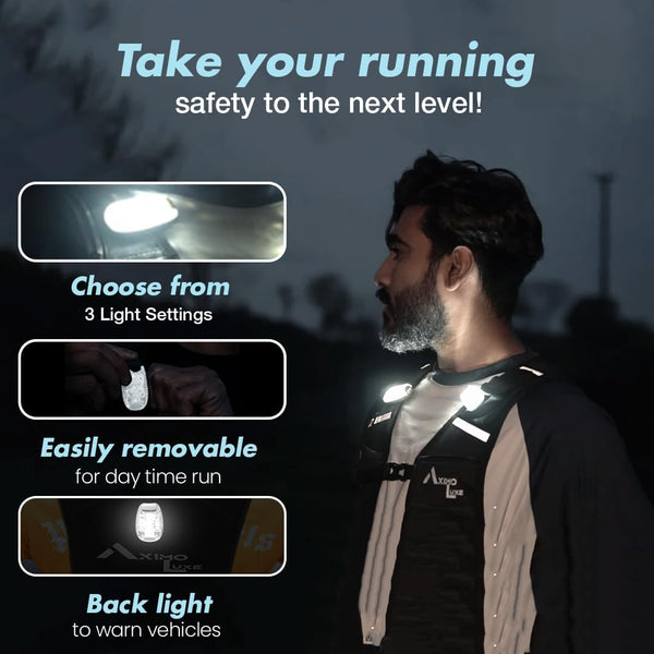 AxLuxe LED Running Vest Women & Men Now with 2 Saftey Lights,7 Pockets Running Vest with Water Bottle (500ml),Running Phone Holder Vest