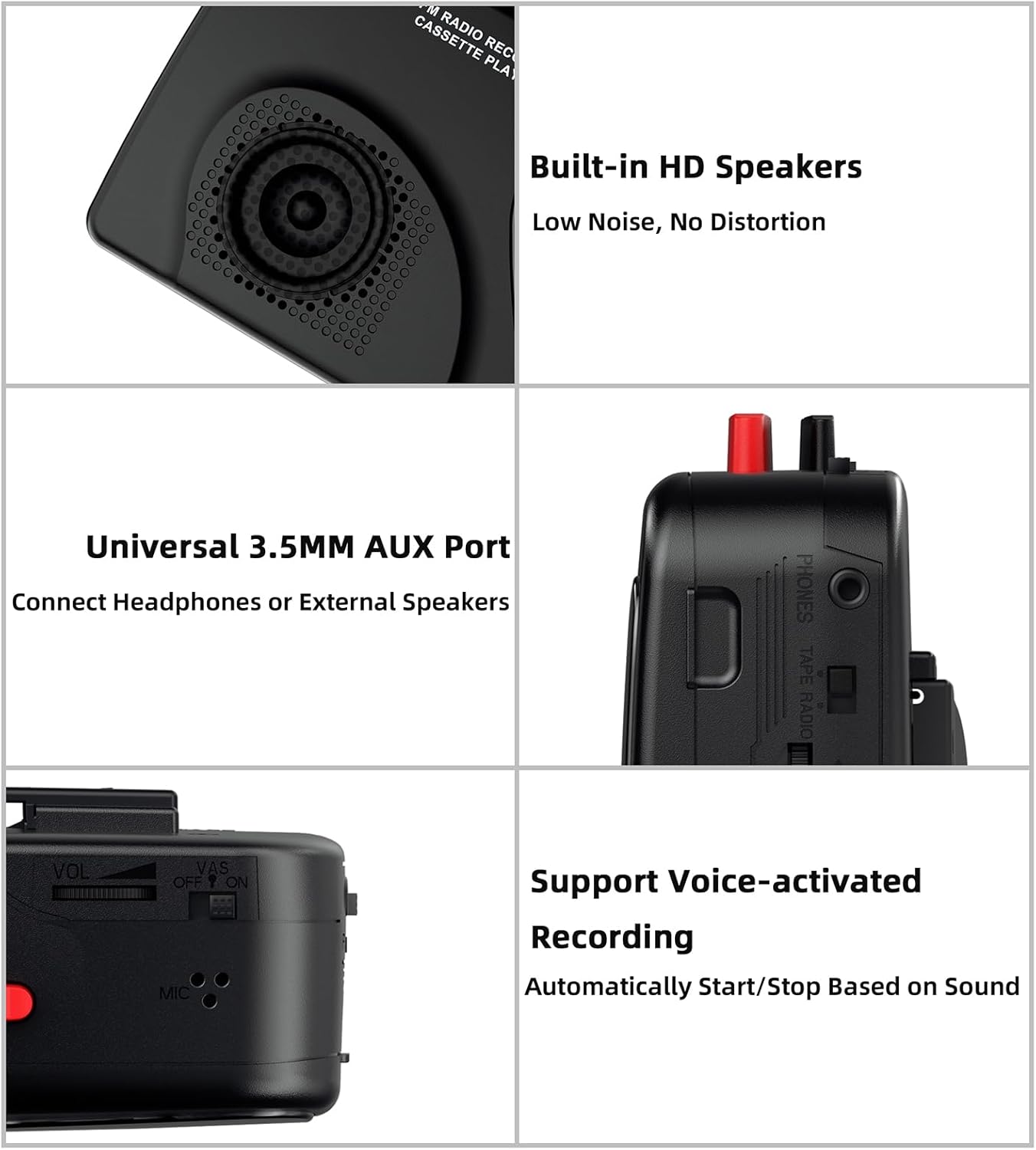 Walkmaner Cassette Player/Recorder, Am/FM Radio, Portable Cassette Player, Cassette Recording, Built-in Speakers, Manual Recording, T201 (Black)